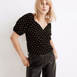 NWT Madewell Corduroy Puff-Sleeve Wrap Top in Oval Dot size small